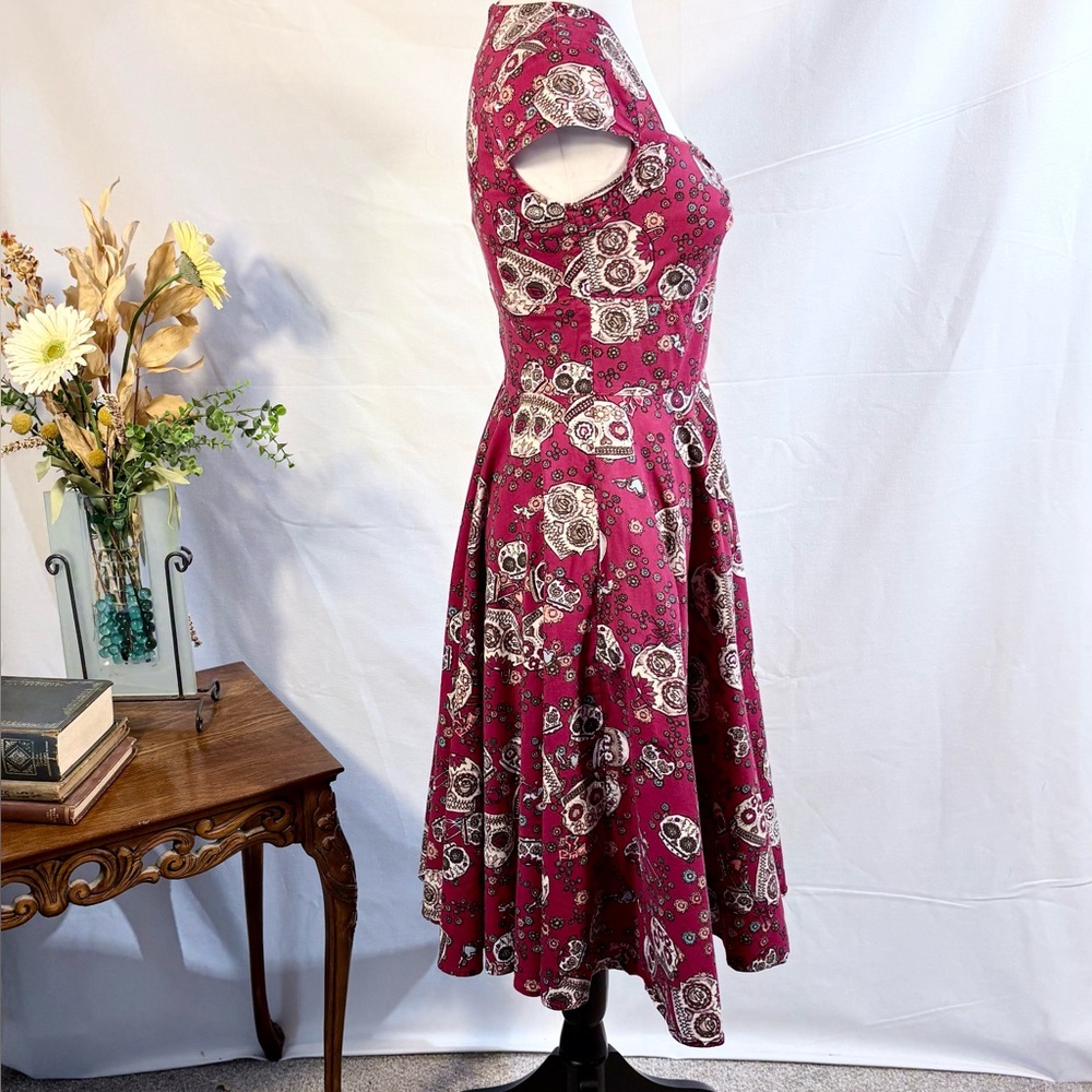 Hell Bunny Sasha Red Sugar Skull Fit Flare Rockabilly Dress XS🧡 - Picture 5 of 12